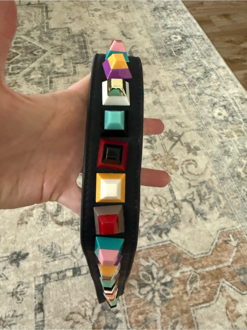 Unbranded Black Leather Bag Strap with Multicolor Pyramid Studs - Picture 4 of 9
